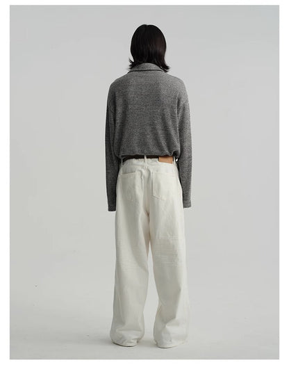 Pleated White Wide-Leg 3D Whisker Creases Baggy Denim Pants [ID:0525PA]