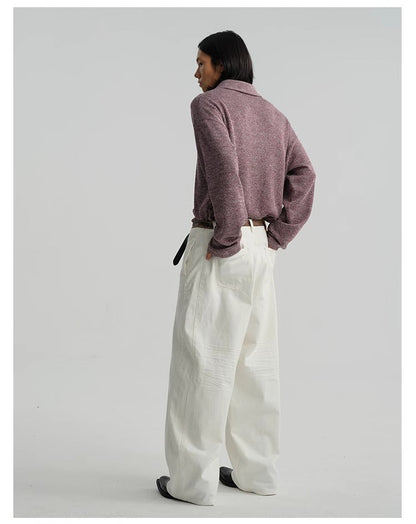 Pleated White Wide-Leg 3D Whisker Creases Baggy Denim Pants [ID:0525PA]