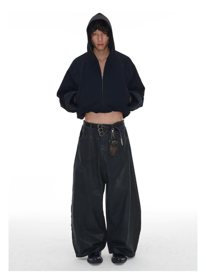 Low Crotch Waxed Curved Blade Washed Wax Denim Pants [ID:0526PA]