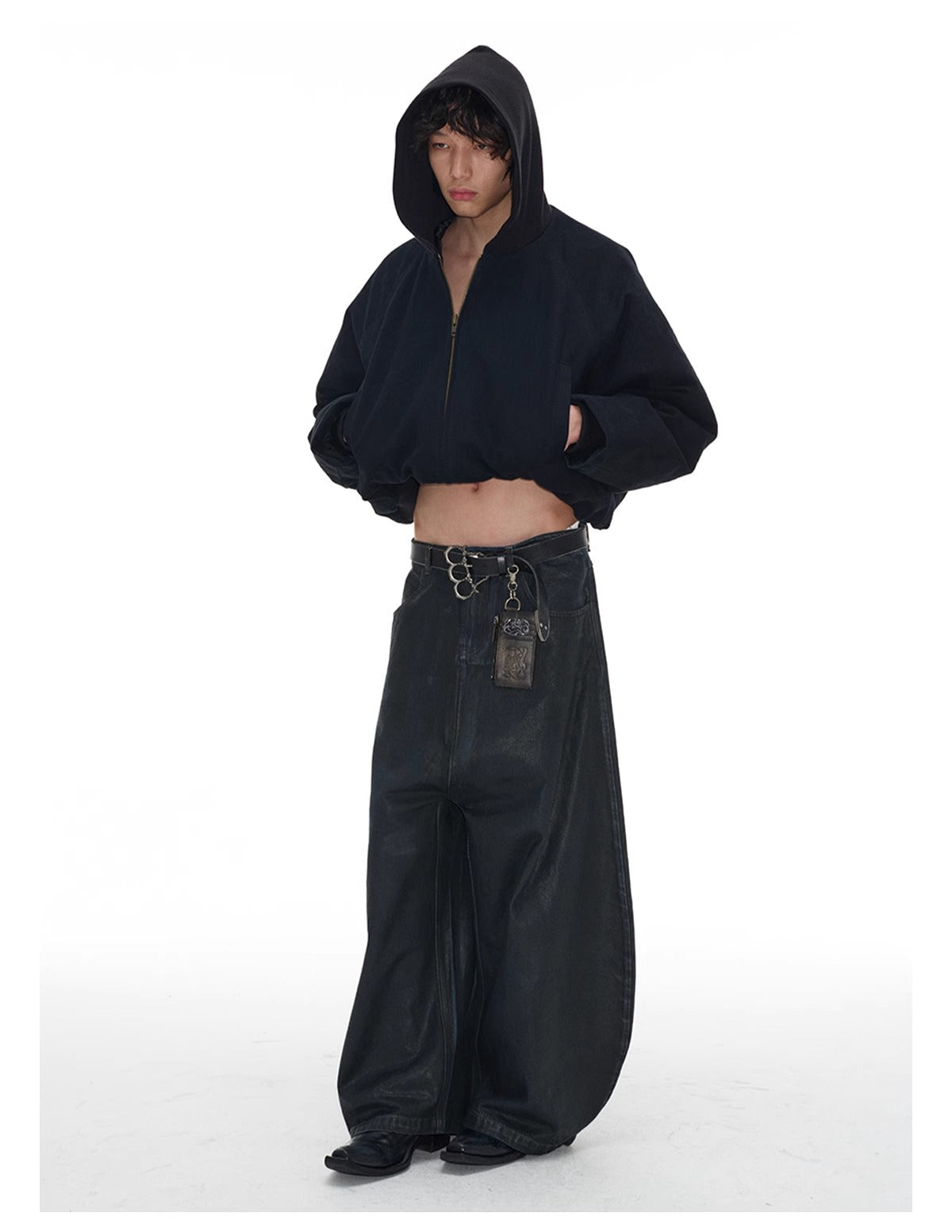 Low Crotch Waxed Curved Blade Washed Wax Denim Pants [ID:0526PA]