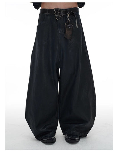 Low Crotch Waxed Curved Blade Washed Wax Denim Pants [ID:0526PA]