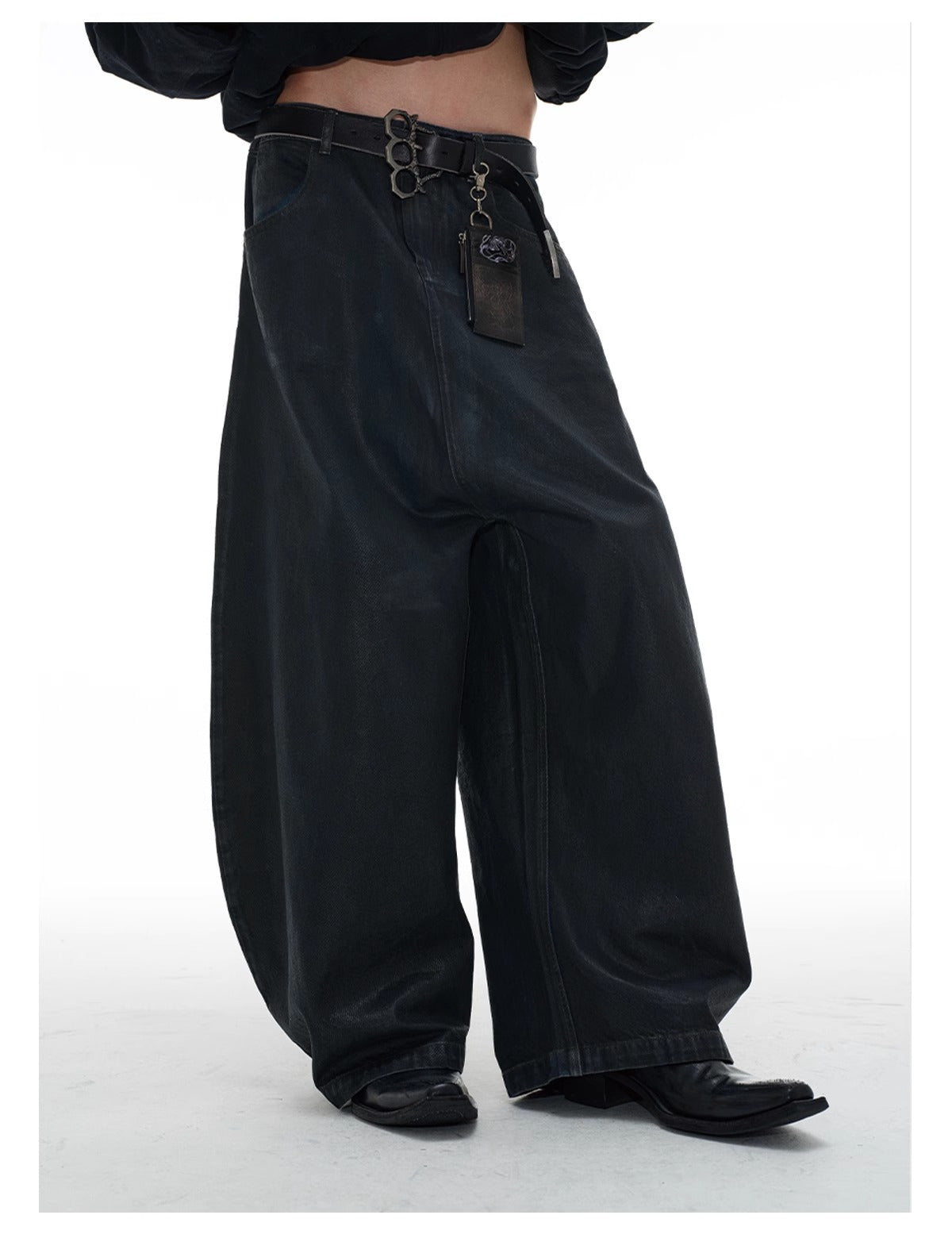 Low Crotch Waxed Curved Blade Washed Wax Denim Pants [ID:0526PA]