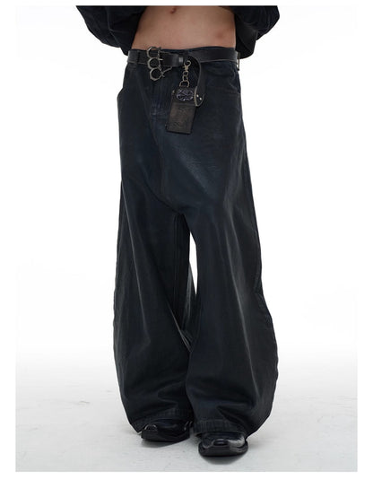 Low Crotch Waxed Curved Blade Washed Wax Denim Pants [ID:0526PA]