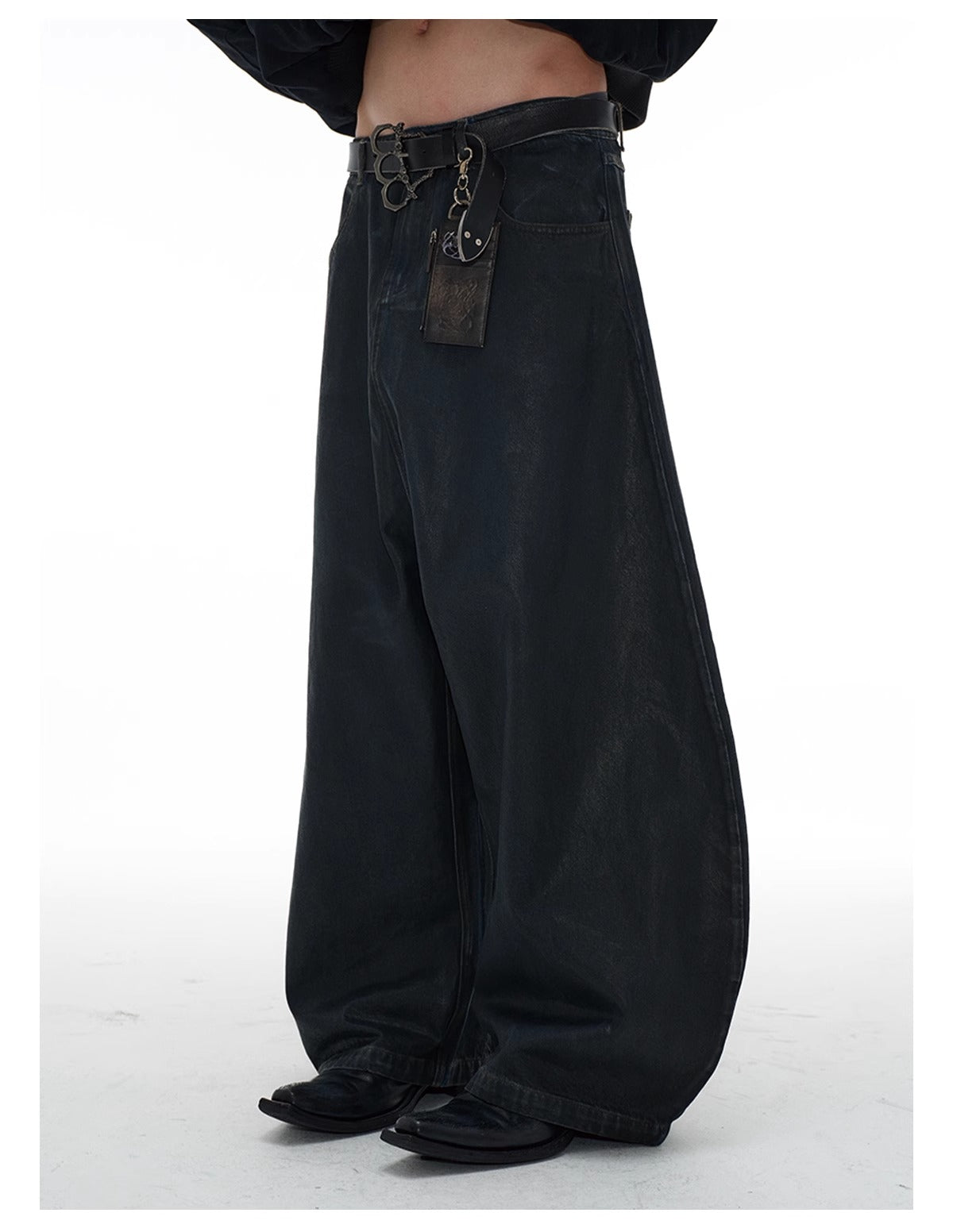 Low Crotch Waxed Curved Blade Washed Wax Denim Pants [ID:0526PA]