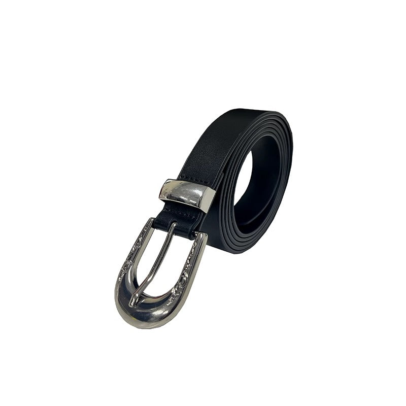 Extended Embossed Cowhide Silver Buckle Leather Belt [ID:0528BE]