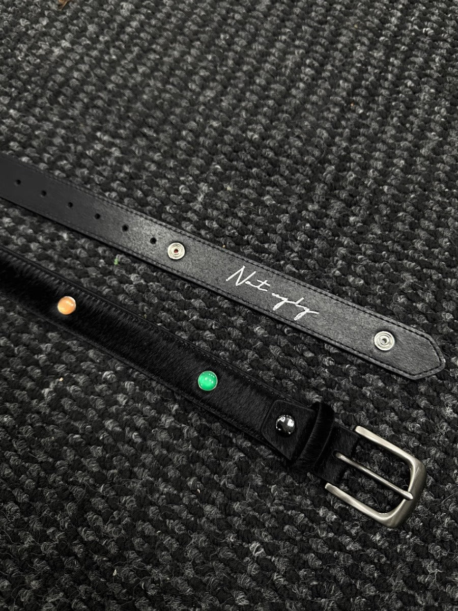 Gemstone Haircalf Aged Silver Buckle Leather Belt [ID:0529BE]