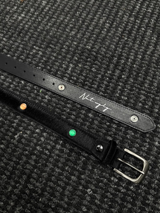 Gemstone Haircalf Aged Silver Buckle Leather Belt [ID:0529BE]