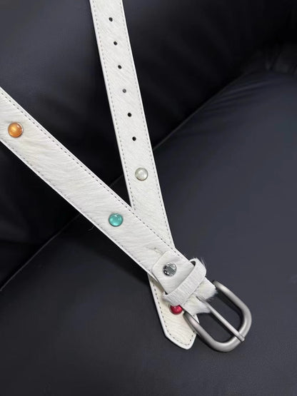 Gemstone Haircalf Aged Silver Buckle Leather Belt [ID:0529BE]