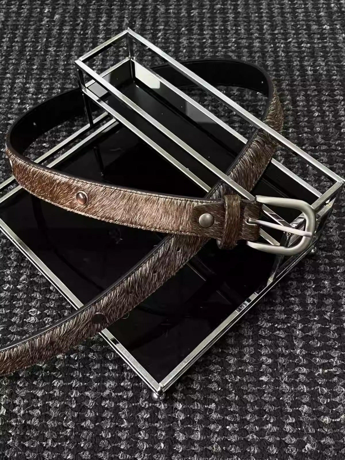 Gemstone Haircalf Aged Silver Buckle Leather Belt [ID:0529BE]