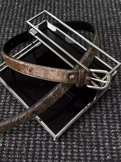 Gemstone Haircalf Aged Silver Buckle Leather Belt [ID:0529BE]