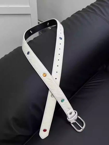 Gemstone Haircalf Aged Silver Buckle Leather Belt [ID:0529BE]
