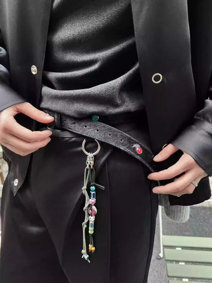 Gemstone Haircalf Aged Silver Buckle Leather Belt [ID:0529BE]