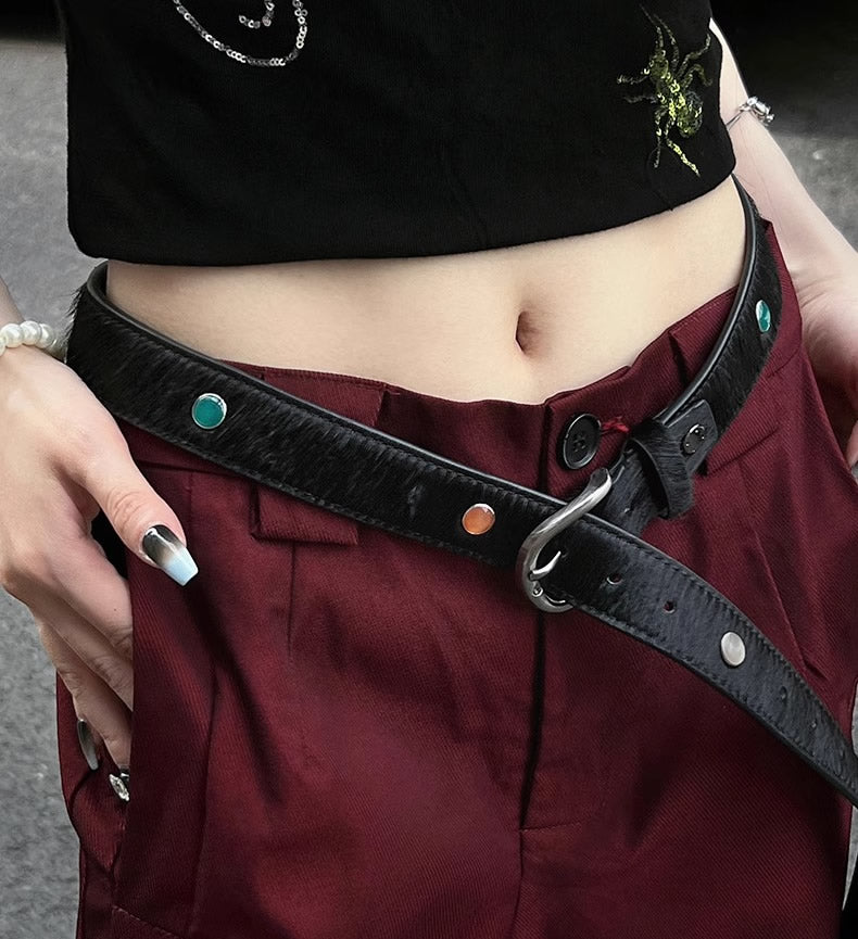Gemstone Haircalf Aged Silver Buckle Leather Belt [ID:0529BE]