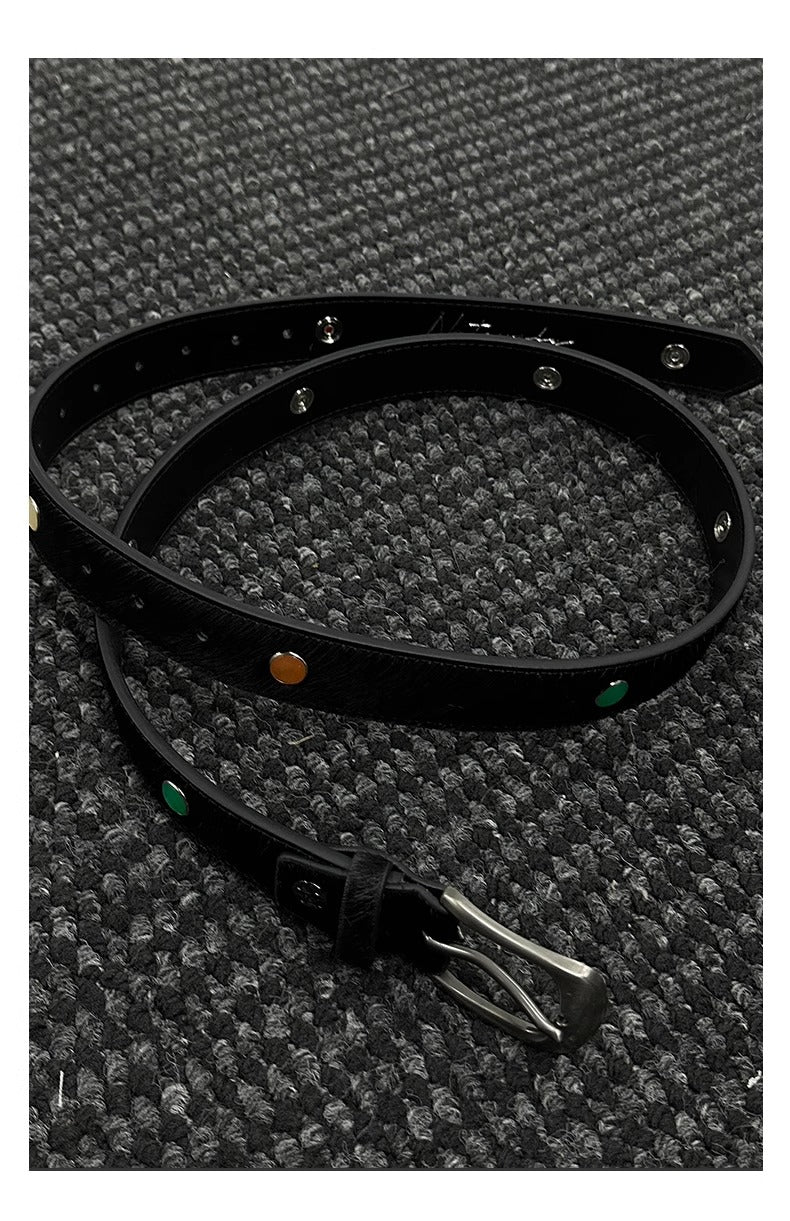 Gemstone Haircalf Aged Silver Buckle Leather Belt [ID:0529BE]