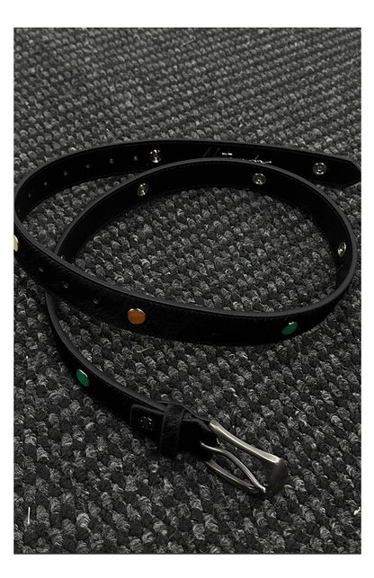 Gemstone Haircalf Aged Silver Buckle Leather Belt [ID:0529BE]