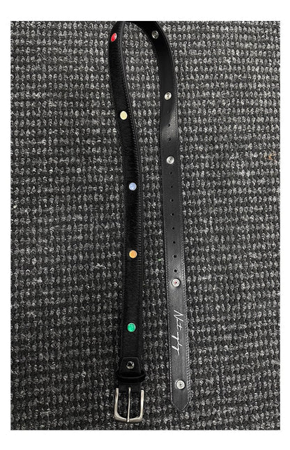 Gemstone Haircalf Aged Silver Buckle Leather Belt [ID:0529BE]