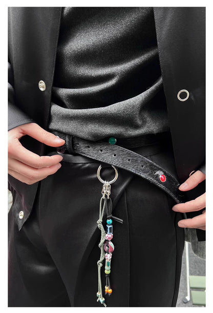 Gemstone Haircalf Aged Silver Buckle Leather Belt [ID:0529BE]