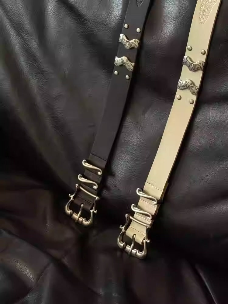Matte Silver Irises and Foil Engraving Cowhide Belt [ID:0530BE]