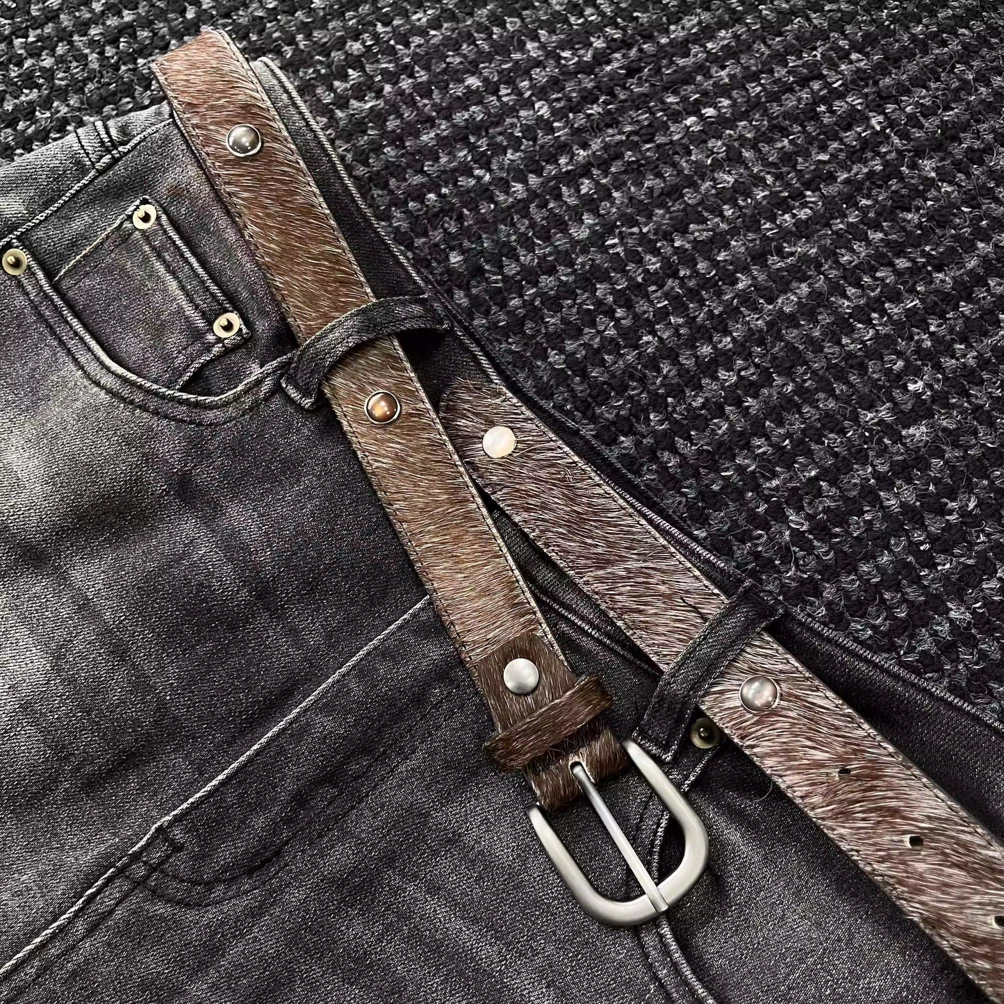 Palm Gemstone Haircalf Aged Silver Buckle Embossed Belt [ID:0531BE]