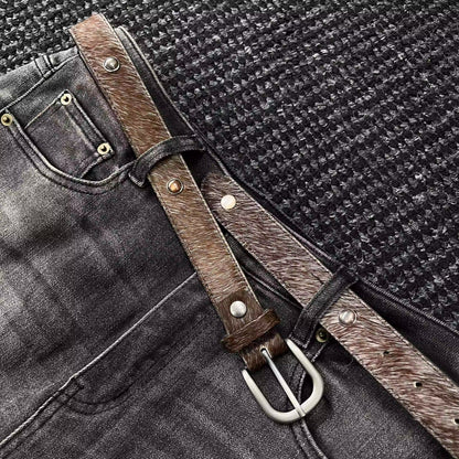 Palm Gemstone Haircalf Aged Silver Buckle Embossed Belt [ID:0531BE]
