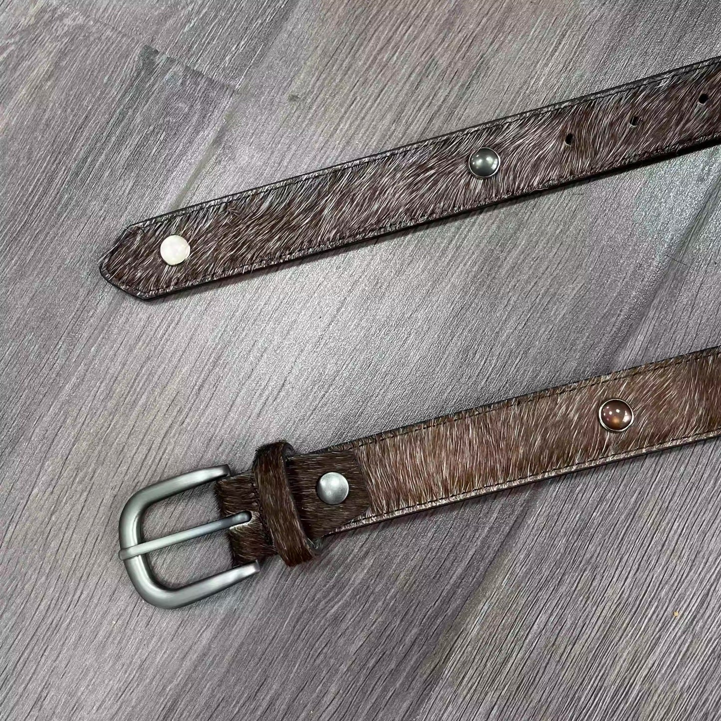 Palm Gemstone Haircalf Aged Silver Buckle Embossed Belt [ID:0531BE]