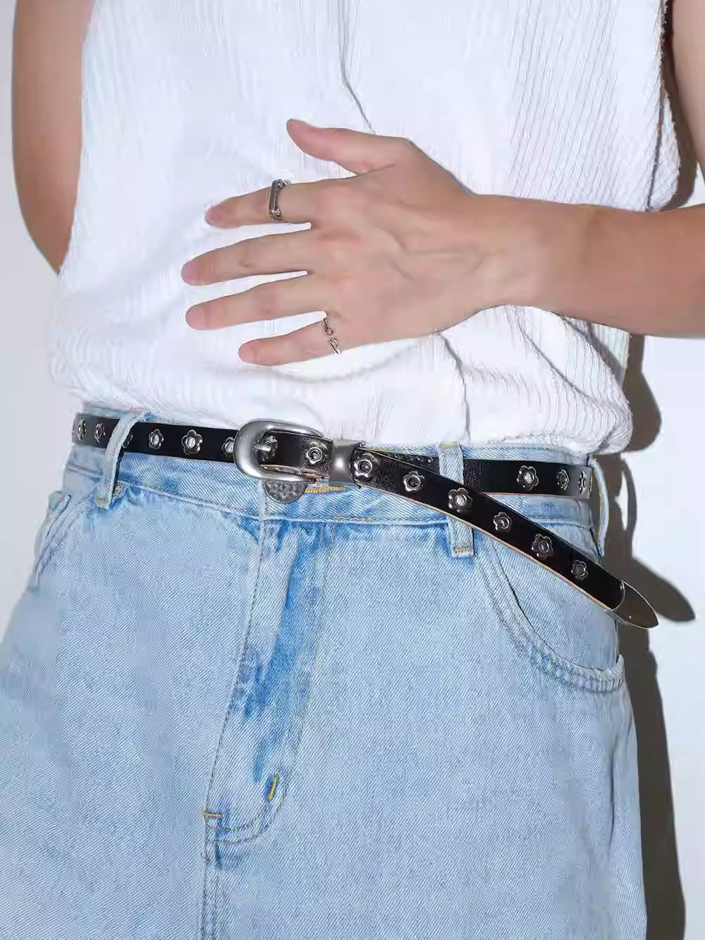 Genuine Leather Flower Buckle Pierceless Vintage Silver Metal Belt [ID:0532BE]