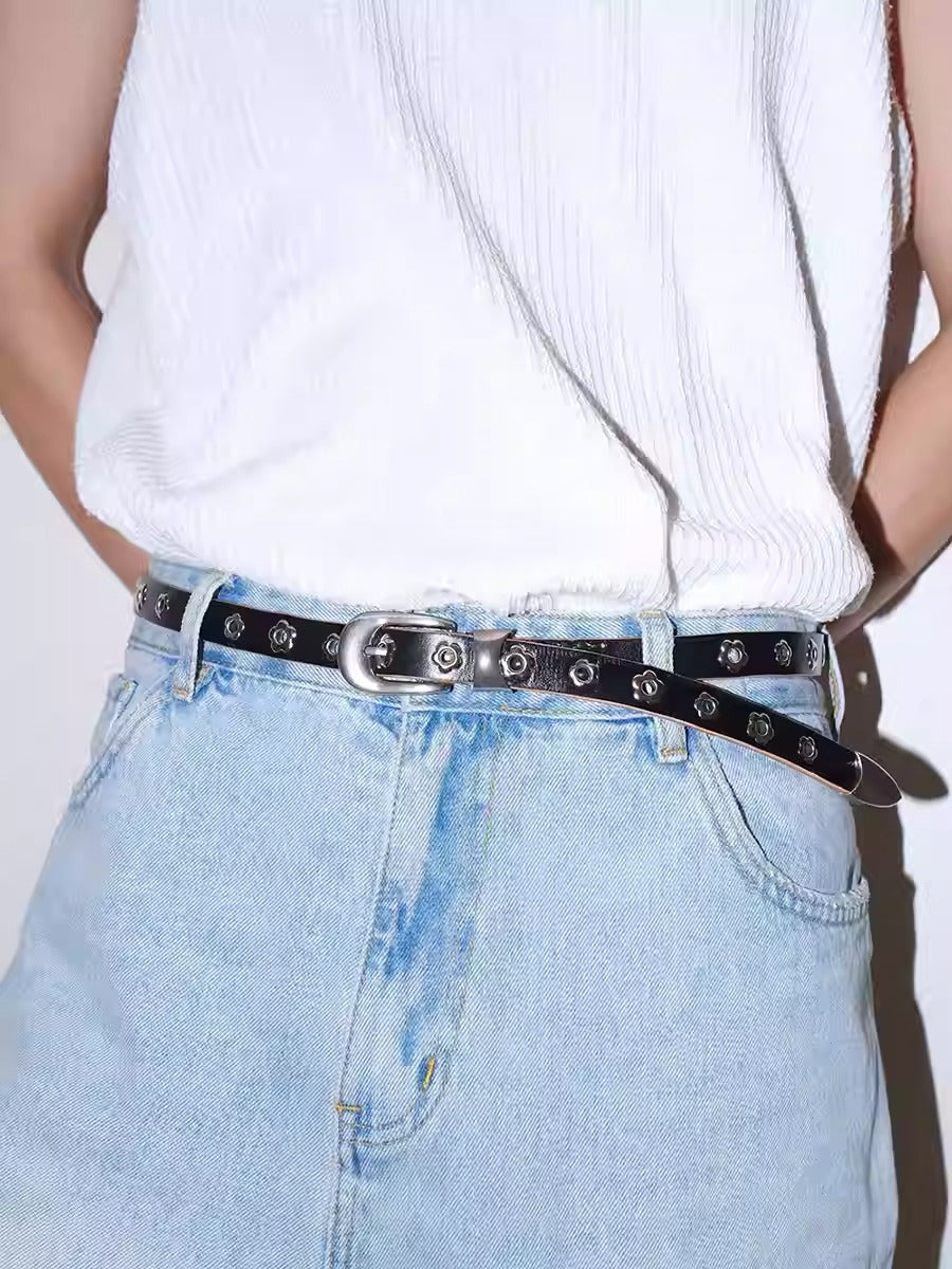 Genuine Leather Flower Buckle Pierceless Vintage Silver Metal Belt [ID:0532BE]