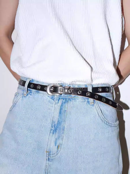 Genuine Leather Flower Buckle Pierceless Vintage Silver Metal Belt [ID:0532BE]