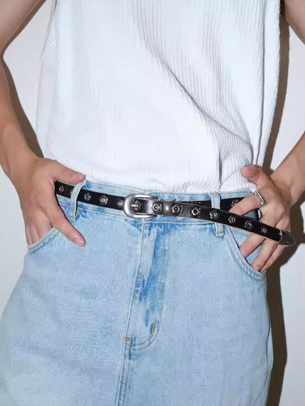 Genuine Leather Flower Buckle Pierceless Vintage Silver Metal Belt [ID:0532BE]