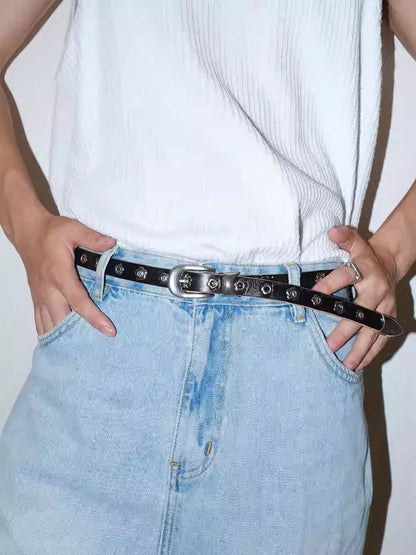 Genuine Leather Flower Buckle Pierceless Vintage Silver Metal Belt [ID:0532BE]