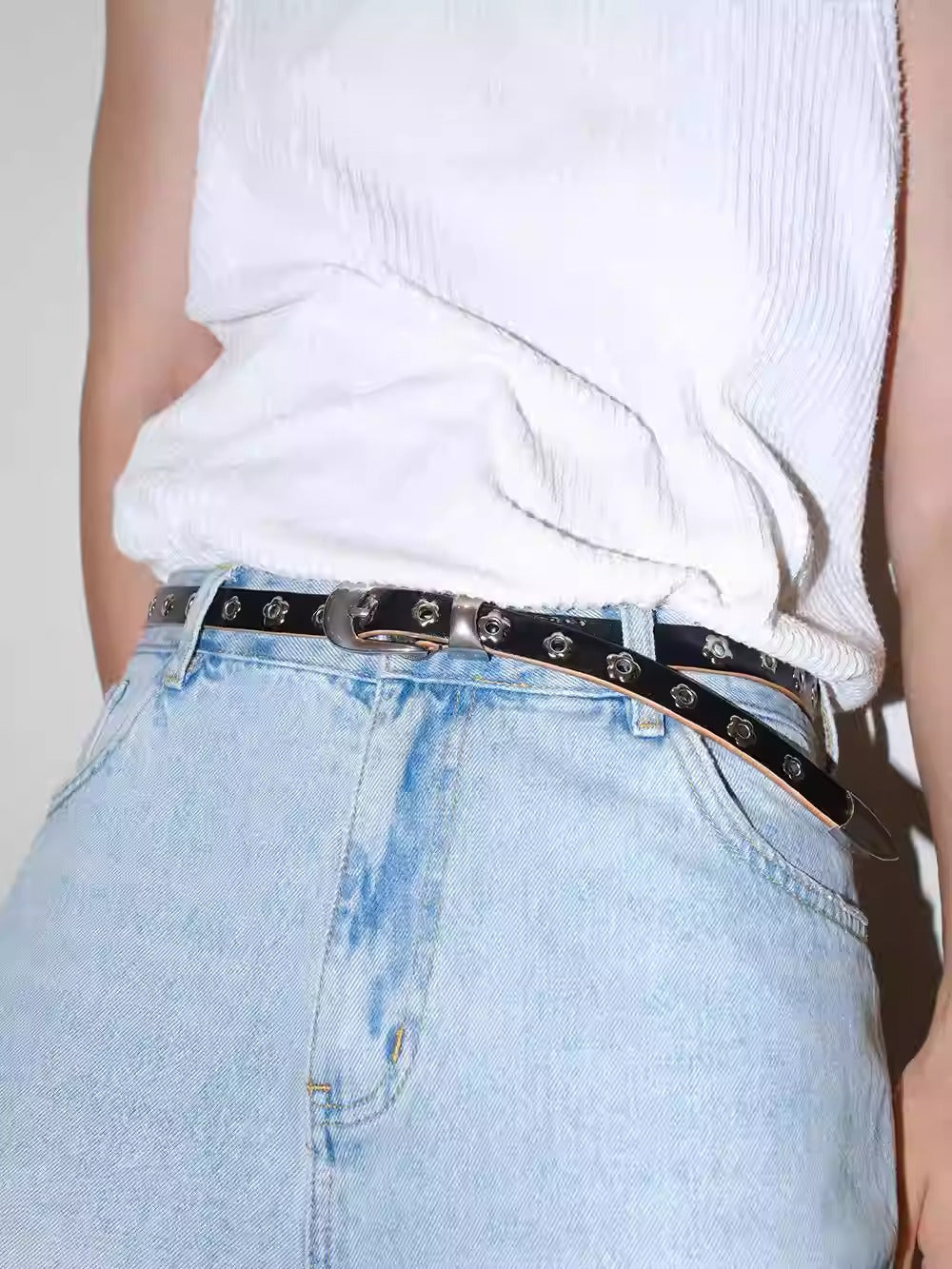 Genuine Leather Flower Buckle Pierceless Vintage Silver Metal Belt [ID:0532BE]