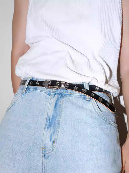 Genuine Leather Flower Buckle Pierceless Vintage Silver Metal Belt [ID:0532BE]