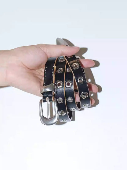 Genuine Leather Flower Buckle Pierceless Vintage Silver Metal Belt [ID:0532BE]