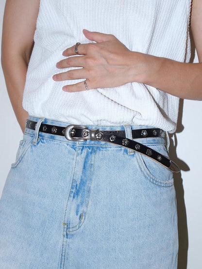 Genuine Leather Flower Buckle Pierceless Vintage Silver Metal Belt [ID:0532BE]