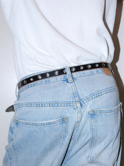 Genuine Leather Flower Buckle Pierceless Vintage Silver Metal Belt [ID:0532BE]