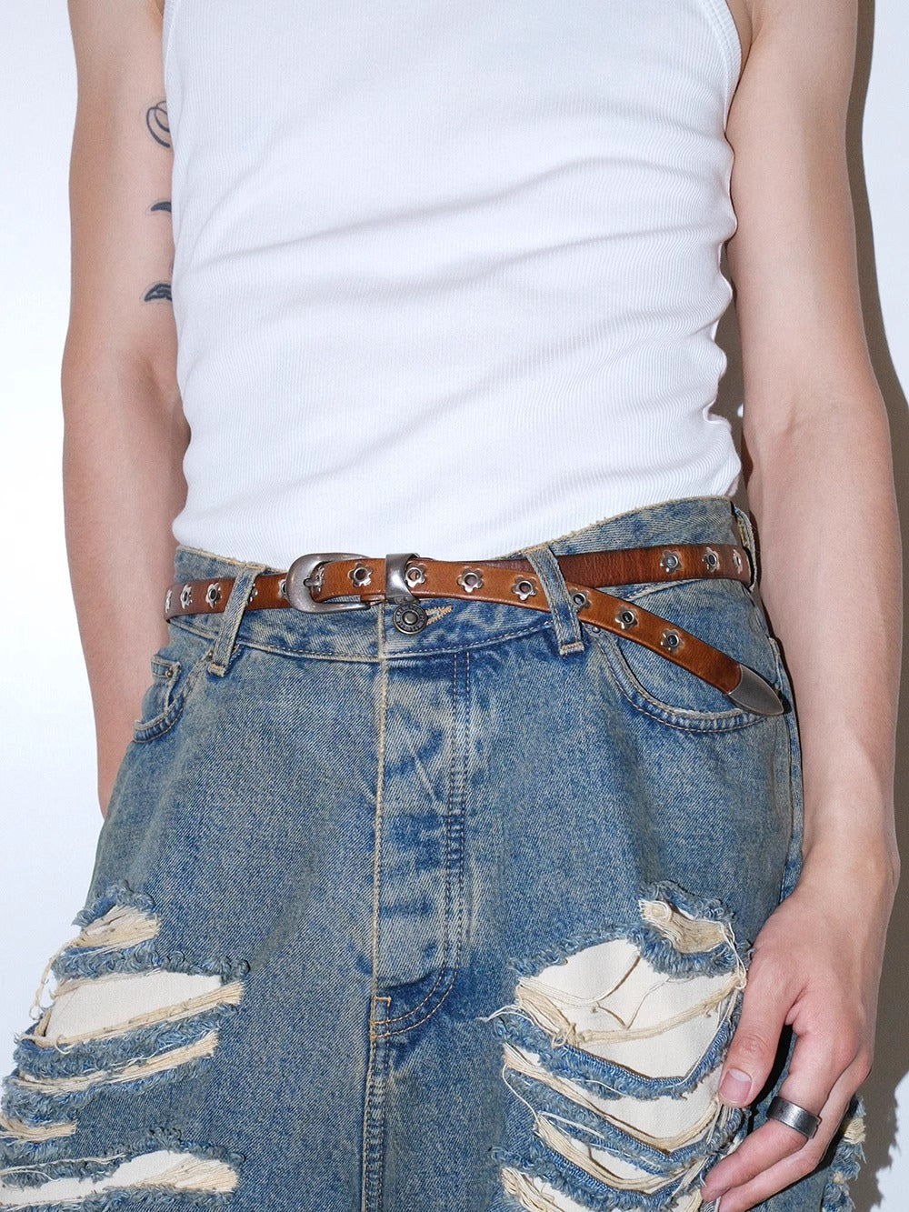 Genuine Leather Flower Buckle Pierceless Vintage Silver Metal Belt [ID:0532BE]