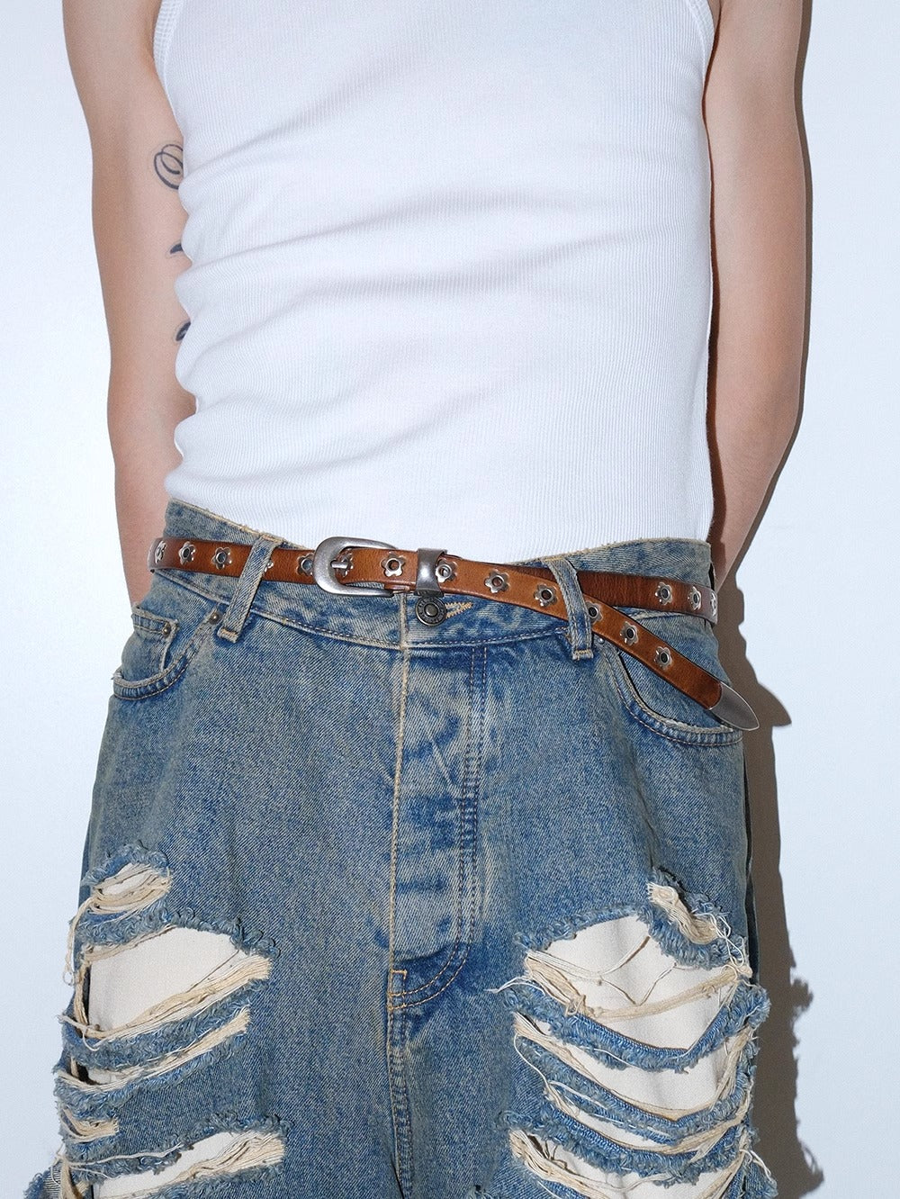 Genuine Leather Flower Buckle Pierceless Vintage Silver Metal Belt [ID:0532BE]