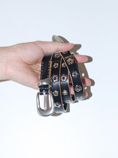 Genuine Leather Flower Buckle Pierceless Vintage Silver Metal Belt [ID:0532BE]