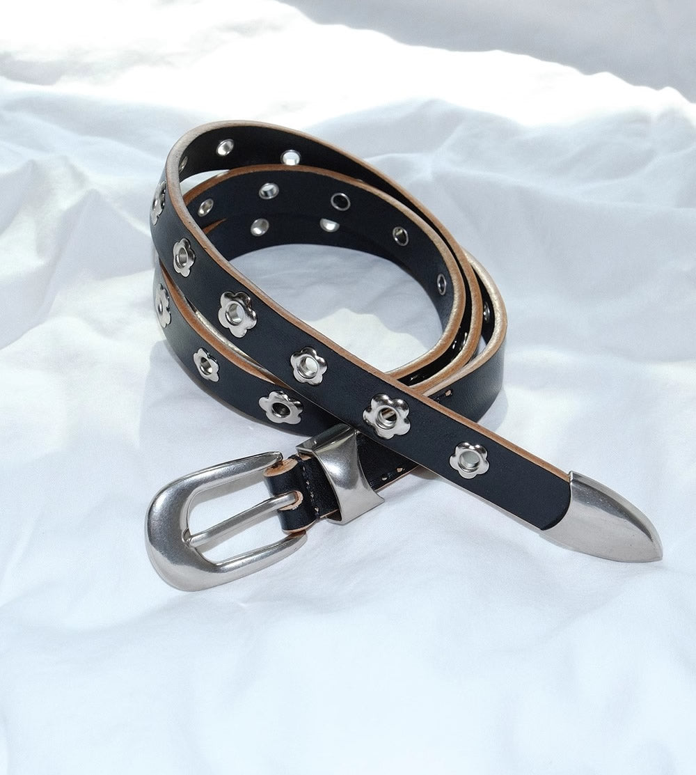 Genuine Leather Flower Buckle Pierceless Vintage Silver Metal Belt [ID:0532BE]