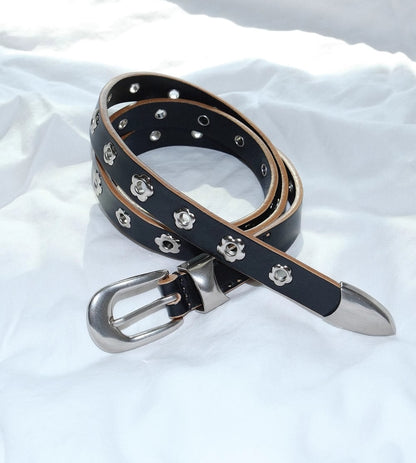 Genuine Leather Flower Buckle Pierceless Vintage Silver Metal Belt [ID:0532BE]