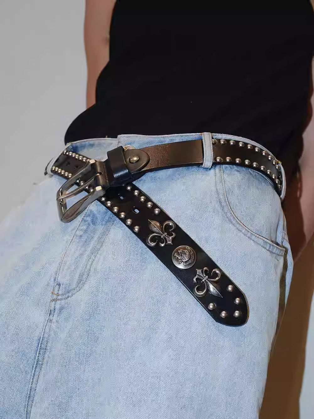 Dark Denim Skull Studded Punk Rock Leather Design Belt [ID:0535BE]