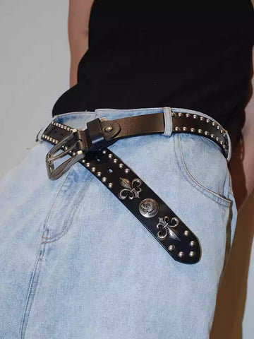 Dark Denim Skull Studded Punk Rock Leather Design Belt [ID:0535BE]