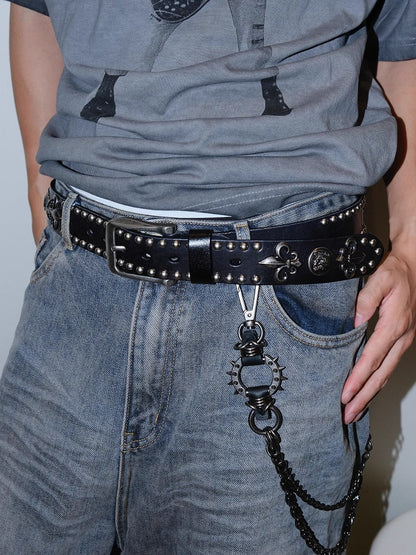 Dark Denim Skull Studded Punk Rock Leather Design Belt [ID:0535BE]