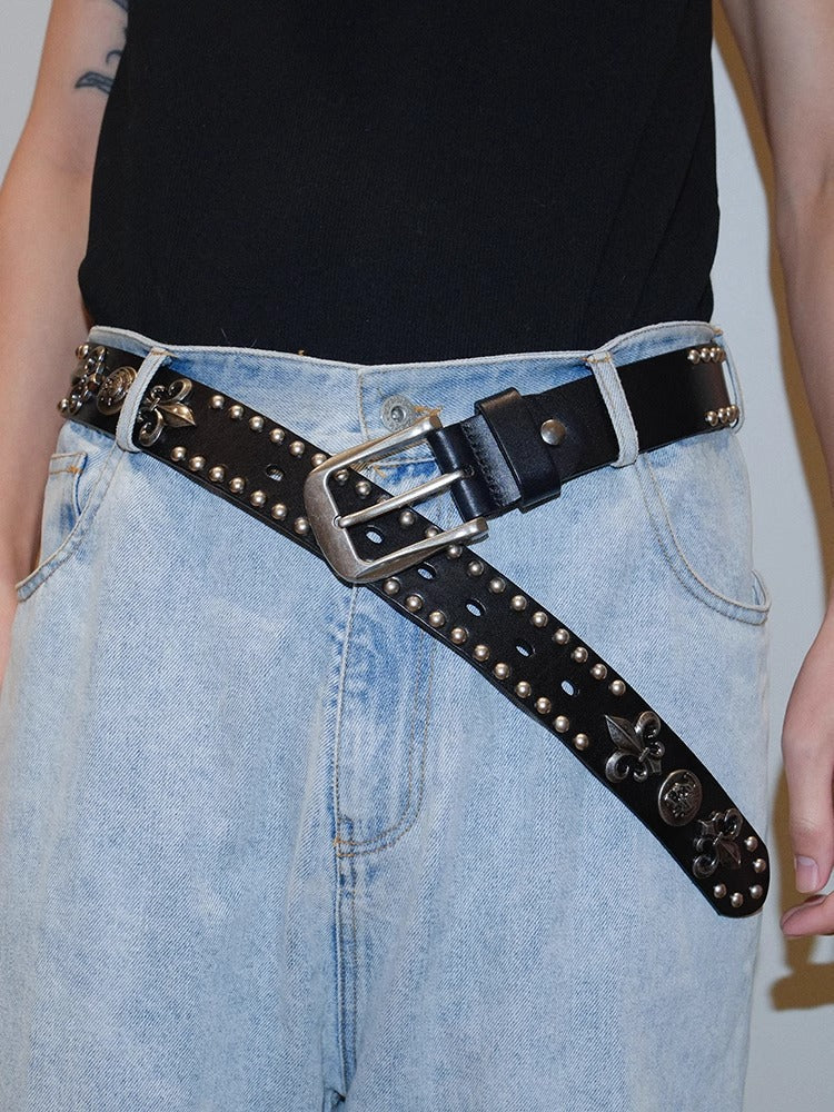 Dark Denim Skull Studded Punk Rock Leather Design Belt [ID:0535BE]