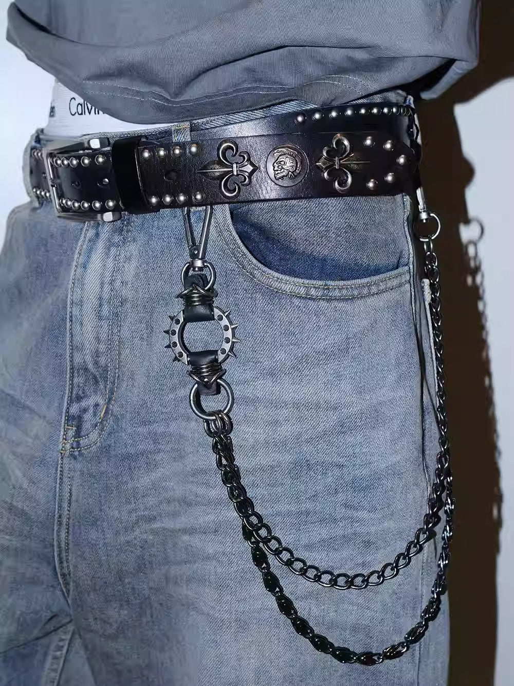Dark Denim Skull Studded Punk Rock Leather Design Belt [ID:0535BE]