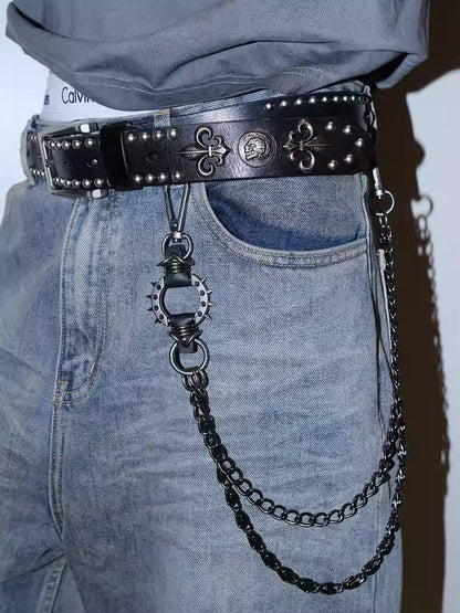 Dark Denim Skull Studded Punk Rock Leather Design Belt [ID:0535BE]