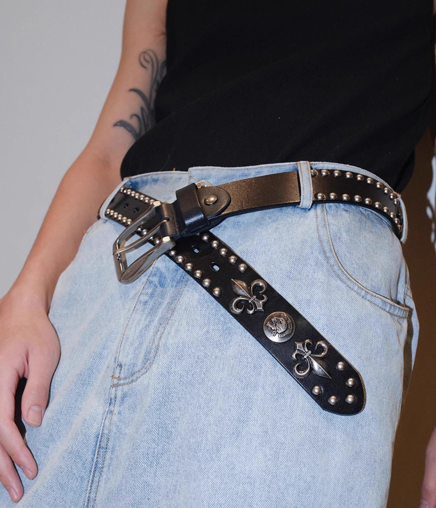 Dark Denim Skull Studded Punk Rock Leather Design Belt [ID:0535BE]