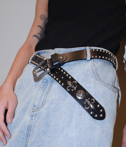 Dark Denim Skull Studded Punk Rock Leather Design Belt [ID:0535BE]
