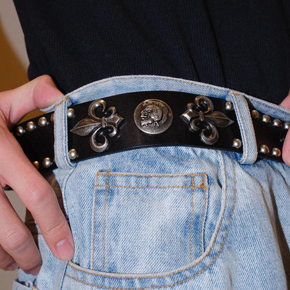 Dark Denim Skull Studded Punk Rock Leather Design Belt [ID:0535BE]