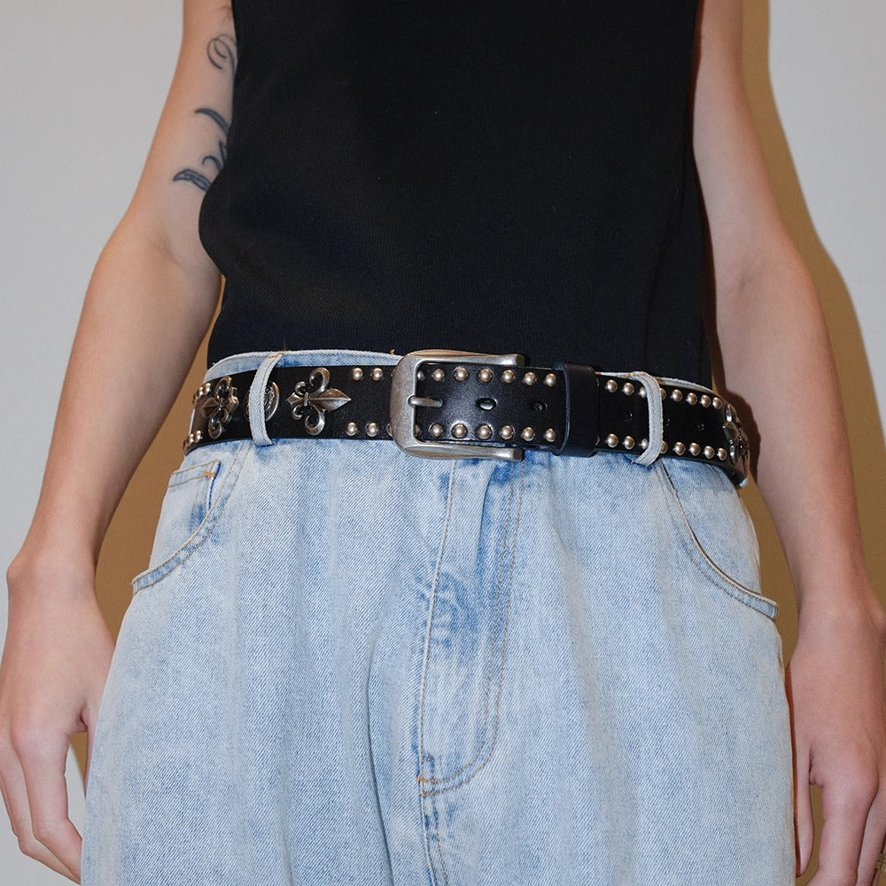 Dark Denim Skull Studded Punk Rock Leather Design Belt [ID:0535BE]